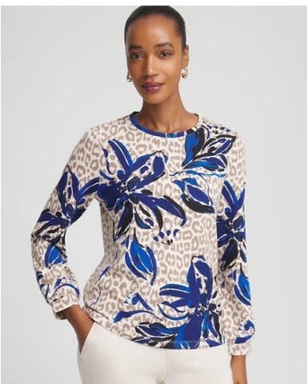 Chico’s Animal Print Floral Top Long Sleeve Blue White Blouse Sz 2 = US L